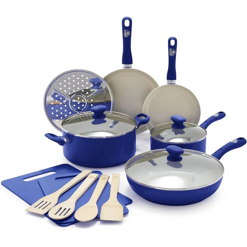 Blue Nonstick Cookware Set (23-Piece Ceramic Soft Grip)