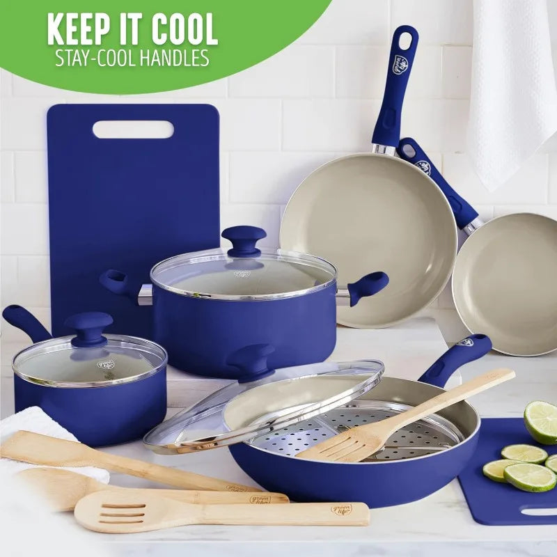 Blue Nonstick Cookware Set (23-Piece Ceramic Soft Grip)