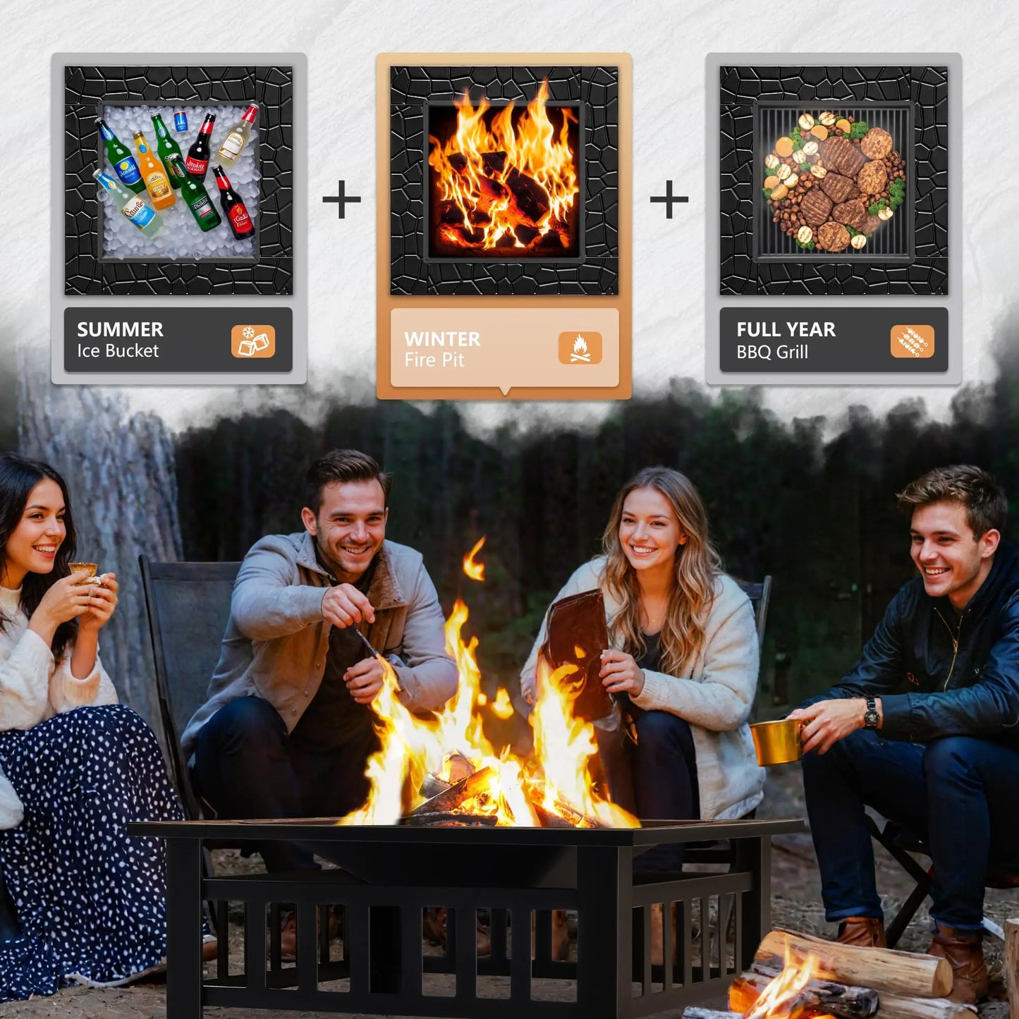 Multifunctional Patio Fire Pit Table, 32in Square Metal BBQ Firepit Stove Backyard Garden Fireplace