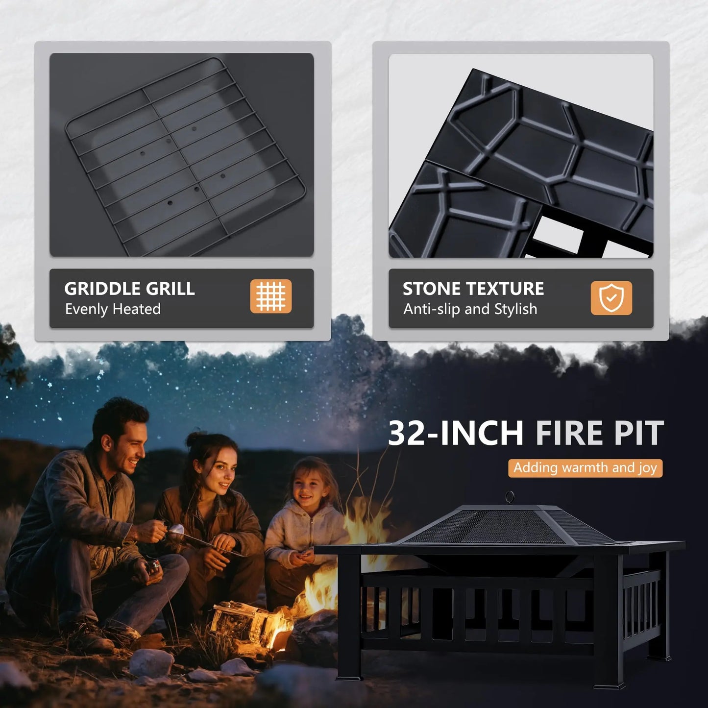 Multifunctional Patio Fire Pit Table, 32in Square Metal BBQ Firepit Stove Backyard Garden Fireplace