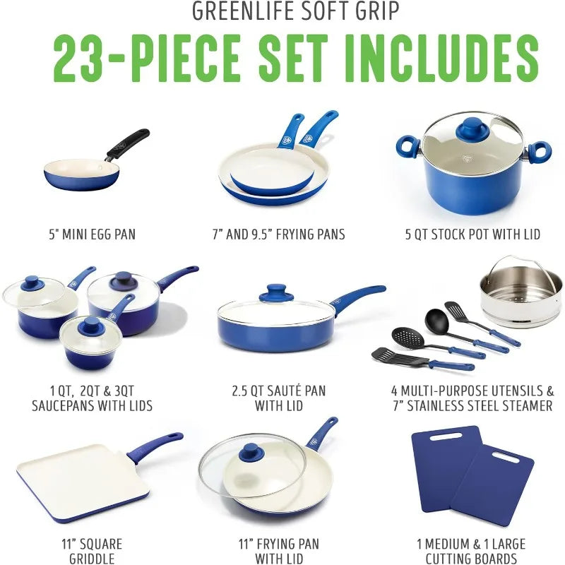Blue Nonstick Cookware Set (23-Piece Ceramic Soft Grip)