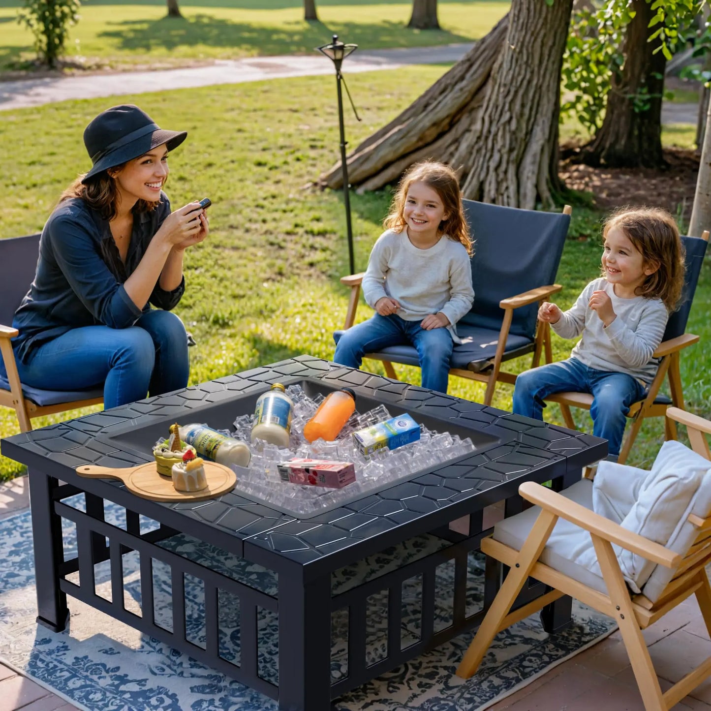 Multifunctional Patio Fire Pit Table, 32in Square Metal BBQ Firepit Stove Backyard Garden Fireplace