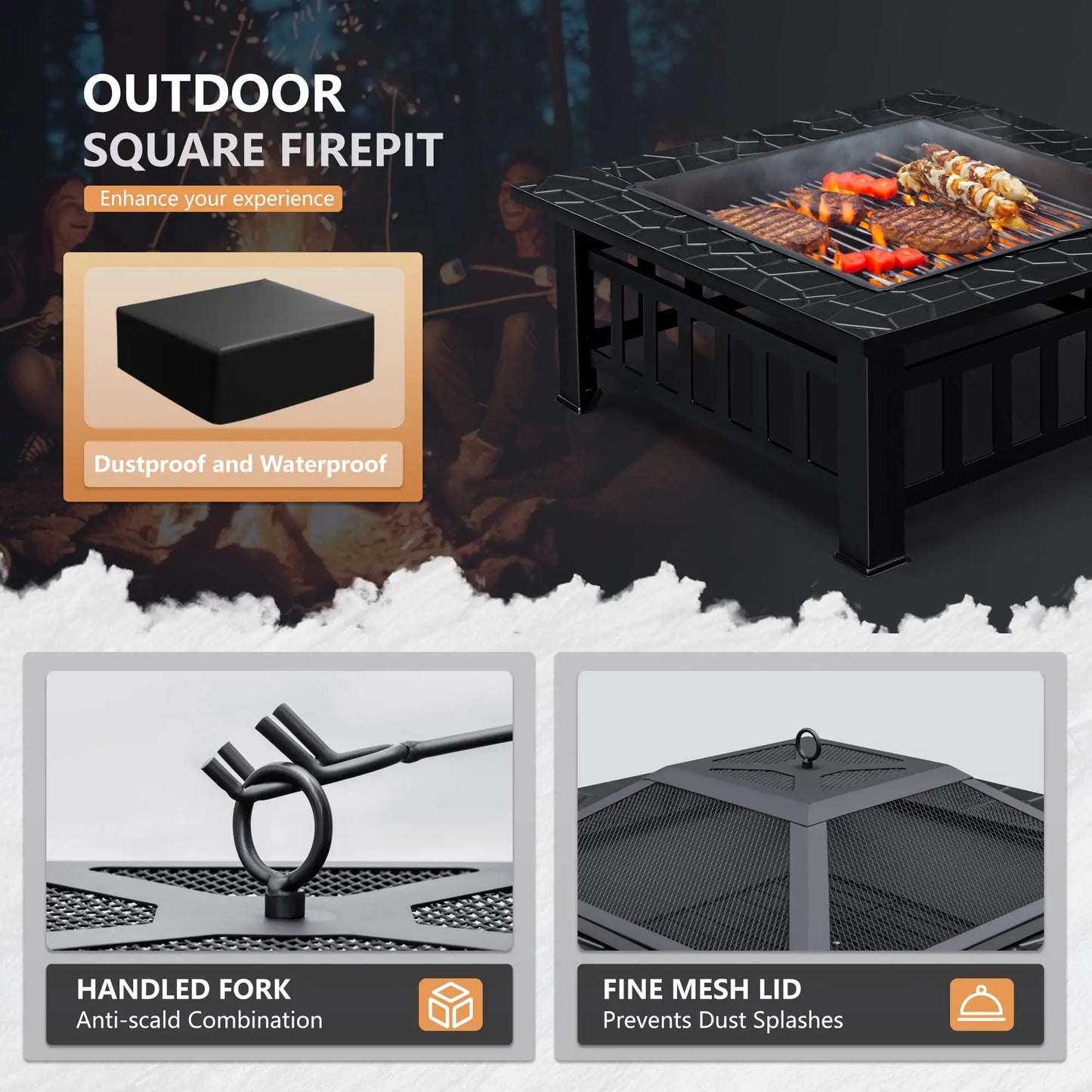 Multifunctional Patio Fire Pit Table, 32in Square Metal BBQ Firepit Stove Backyard Garden Fireplace