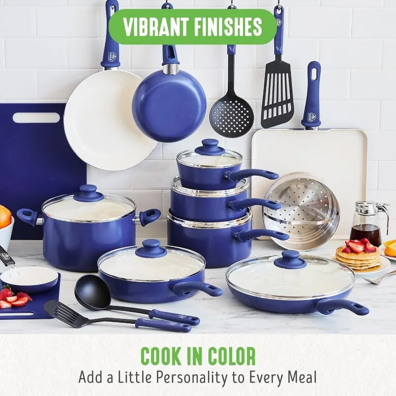 Blue Nonstick Cookware Set (23-Piece Ceramic Soft Grip)