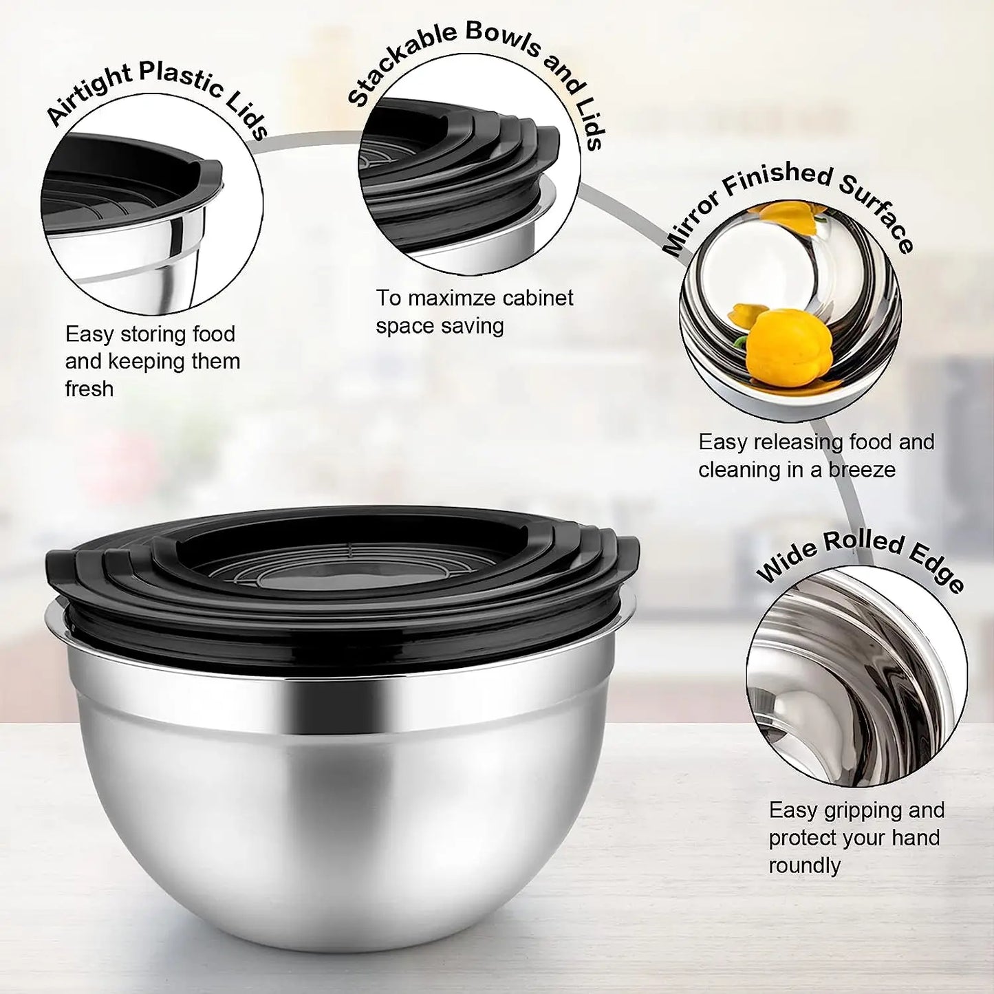 Stainless Steel Mixing Bowl Set (5-Piece, Nesting with Airtight Lids)