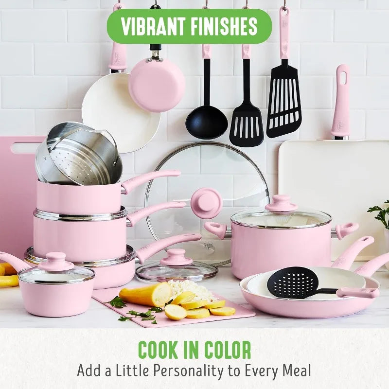 Pink Nonstick Cookware Set (23-Piece Ceramic Soft Grip)