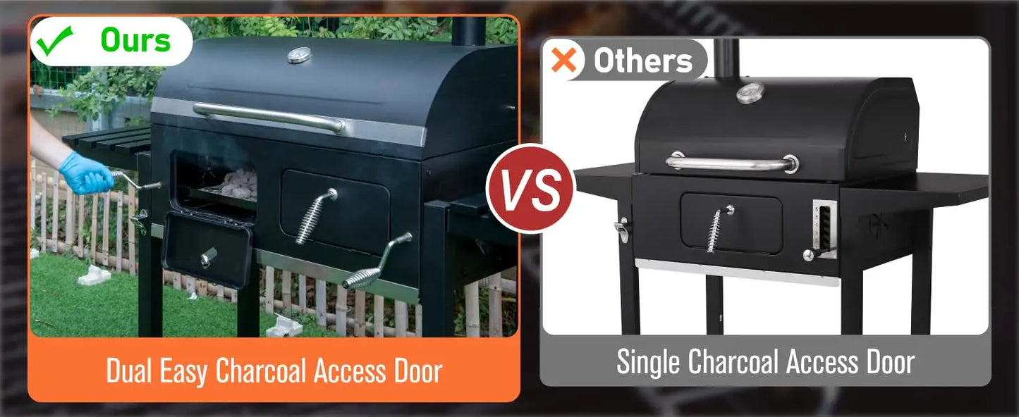 Extra-Large Charcoal BBQ Grill with Dual-Zone Adjustable Cooking Area & Foldable Side Tables