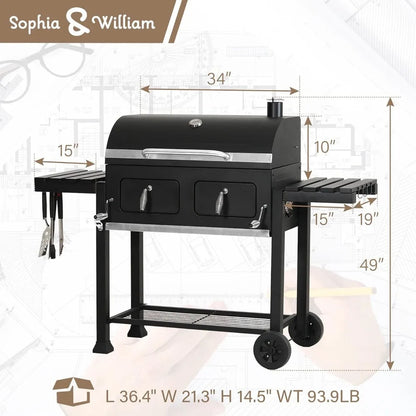 Extra-Large Charcoal BBQ Grill with Dual-Zone Adjustable Cooking Area & Foldable Side Tables