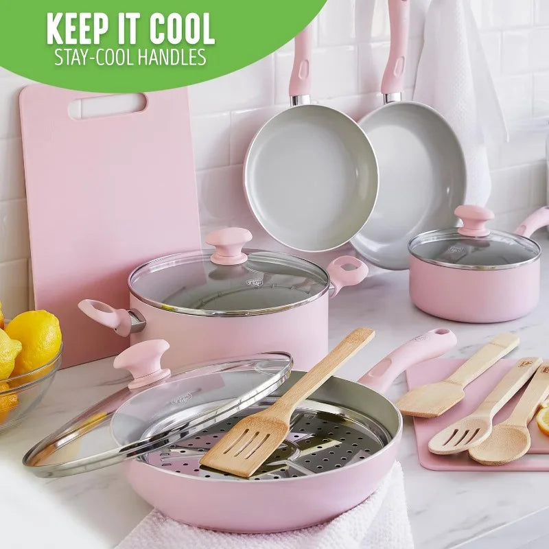 Pink Nonstick Cookware Set (23-Piece Ceramic Soft Grip)