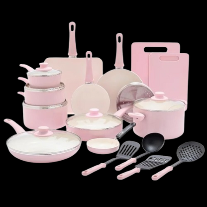 Pink Nonstick Cookware Set (23-Piece Ceramic Soft Grip)