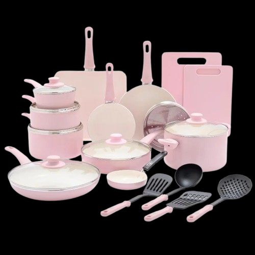 Pink Nonstick Cookware Set (23-Piece Ceramic Soft Grip)