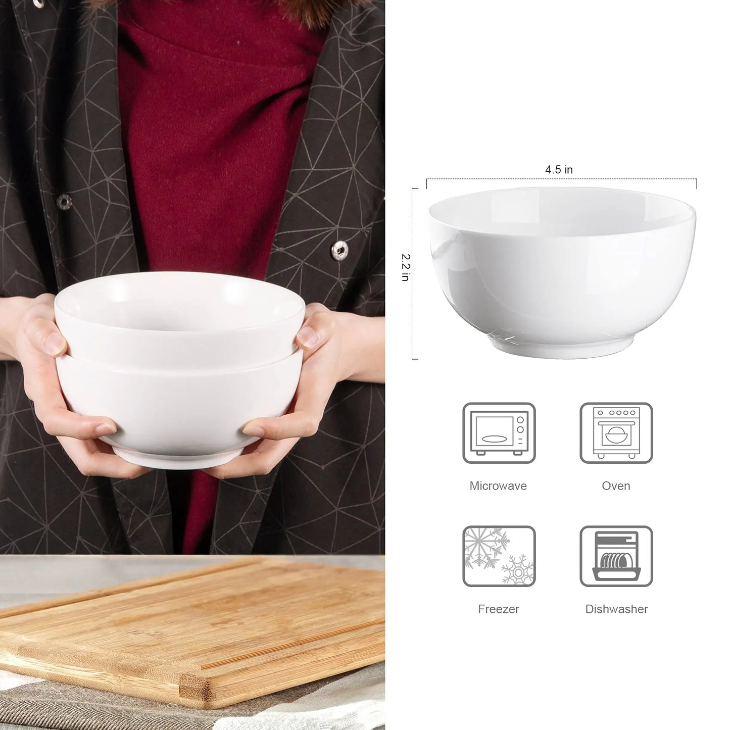 10-Ounce Porcelain Bowls (Set of 8, White Ceramic)