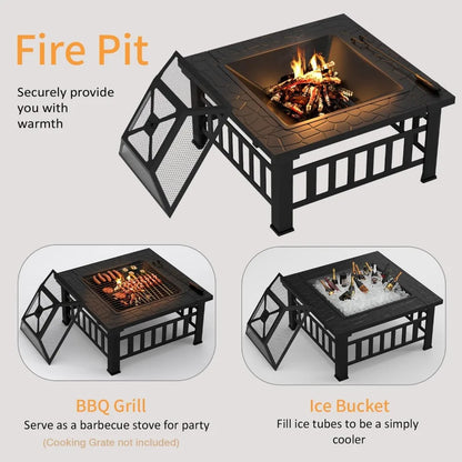 32-Inch Square Fire Pit with Stone-Pattern Metal Design (3-in-1 Wood Burning, Ice Bucket, Patio Stove)