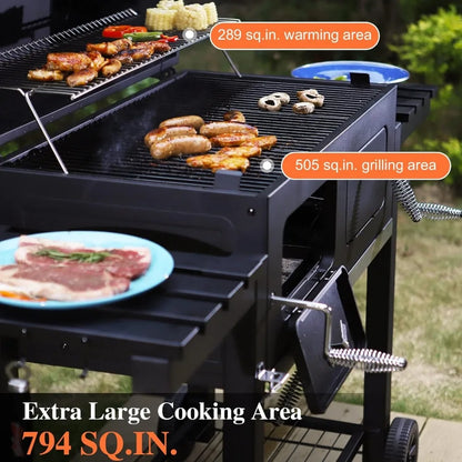 Extra-Large Charcoal BBQ Grill with Dual-Zone Adjustable Cooking Area & Foldable Side Tables