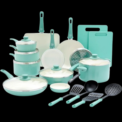 Turquoise Nonstick Cookware Set (23-Piece Ceramic Soft Grip)