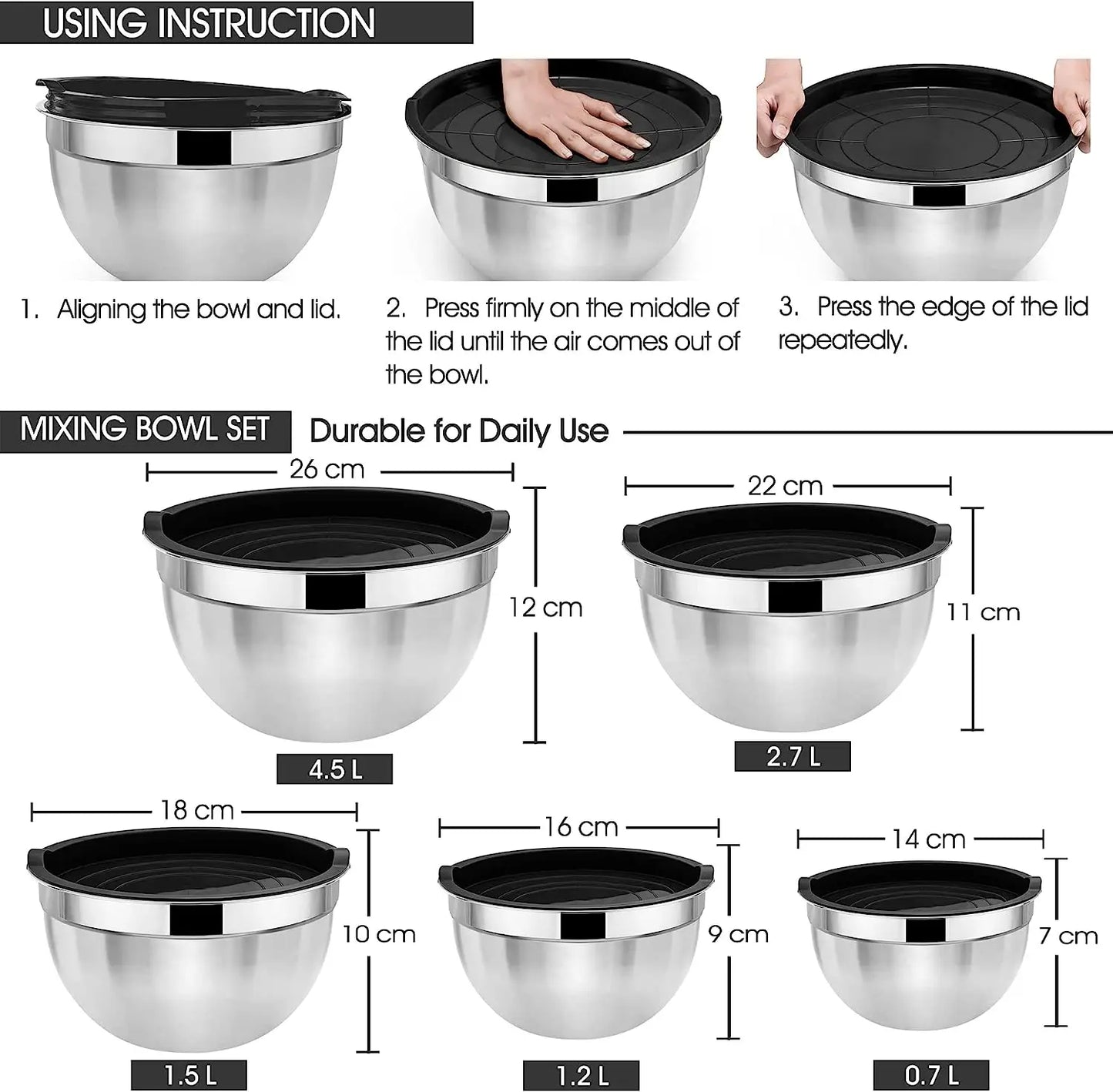 Stainless Steel Mixing Bowl Set (5-Piece, Nesting with Airtight Lids)