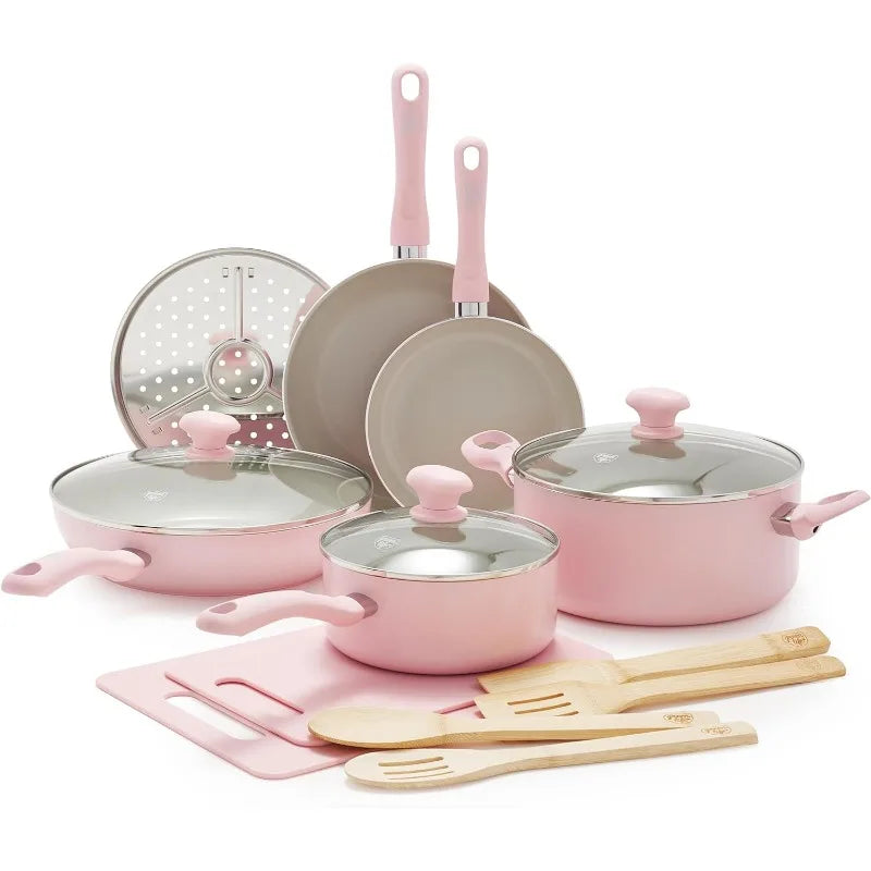 Pink Nonstick Cookware Set (23-Piece Ceramic Soft Grip)