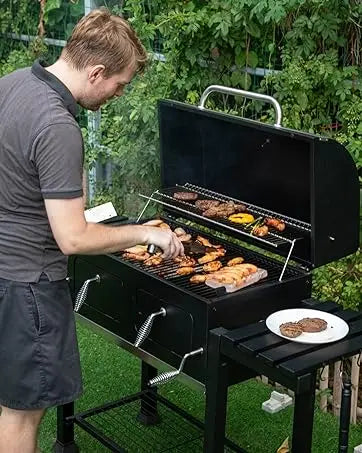 Extra-Large Charcoal BBQ Grill with Dual-Zone Adjustable Cooking Area & Foldable Side Tables