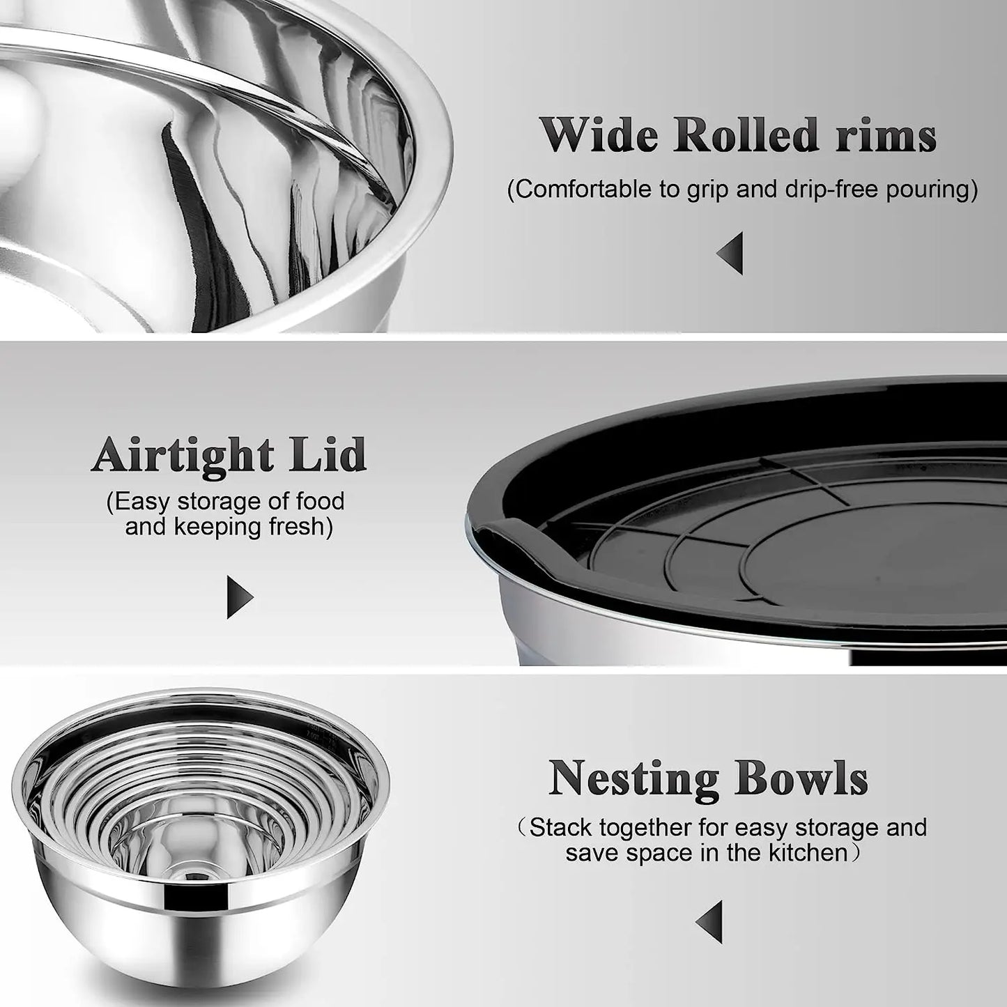 Stainless Steel Mixing Bowl Set (5-Piece, Nesting with Airtight Lids)