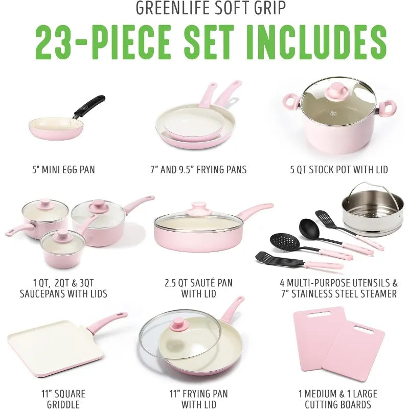 Pink Nonstick Cookware Set (23-Piece Ceramic Soft Grip)