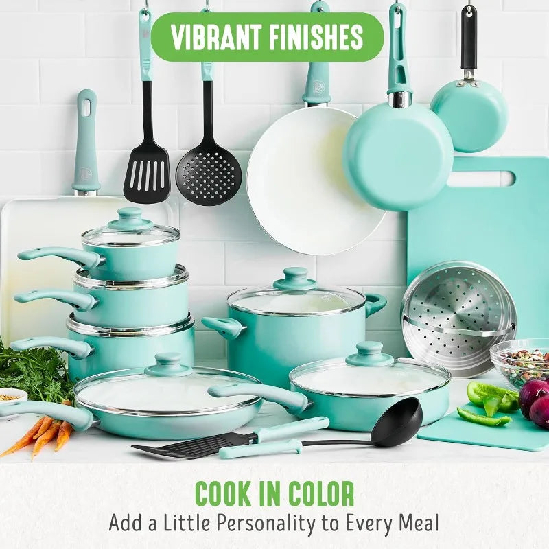 Turquoise Nonstick Cookware Set (23-Piece Ceramic Soft Grip)